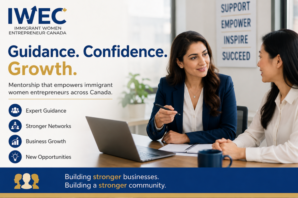 Immigrant women entrepreneurs discussing business growth with a mentor in Canada